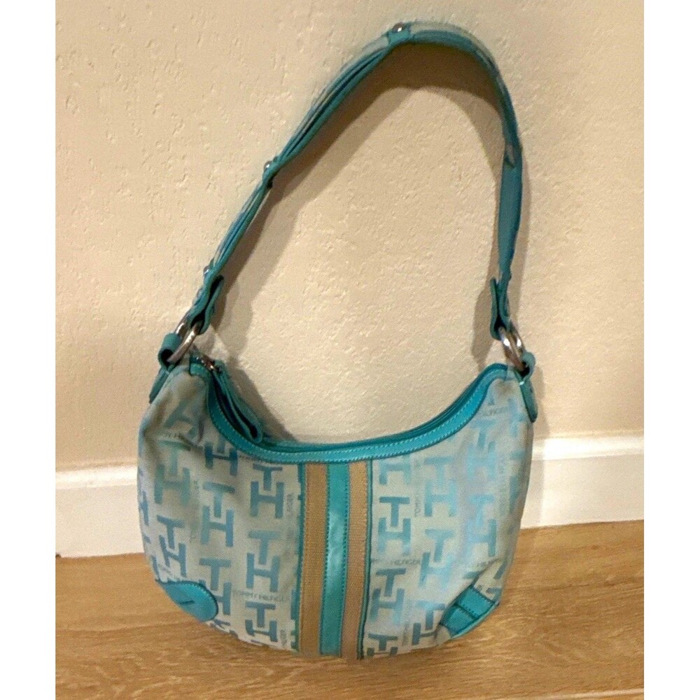 Tommy Hilfiger Aqua Turquoise Monogram Hobo Shoulder Bag Y2K Logo Purse